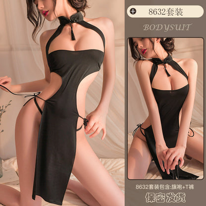 Lingerie Sexy Cheongsam Hollow Out Split Lace Up Uniform Temptation Nightclub Pajamas Set