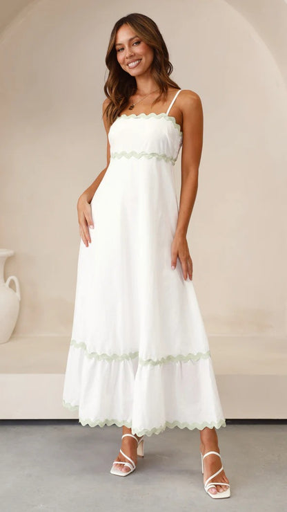 Summer solid color lace stitching elegant suspender tube top super pendulum dress