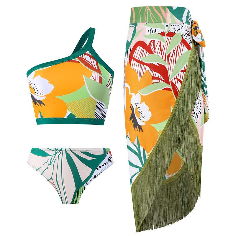 Vintage high waist split three-piece swimsuit women's bikini swimsuit chiffon beach skirt set