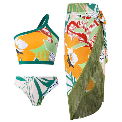 Vintage high waist split three-piece swimsuit women's bikini swimsuit chiffon beach skirt set
