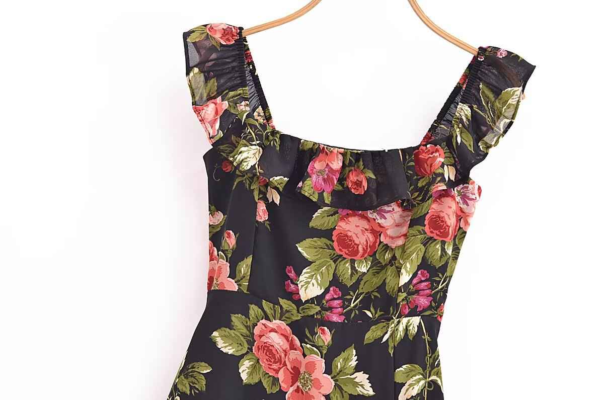 Slim and sexy side split waist mid-length dress, French retro square collar Print Chiffon Dress Bohemian dress