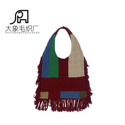 Bolso con borla para mujer, bolso de hombro de punto con diseño de empalme, bolso hobo de punto retro sencillo y versátil 