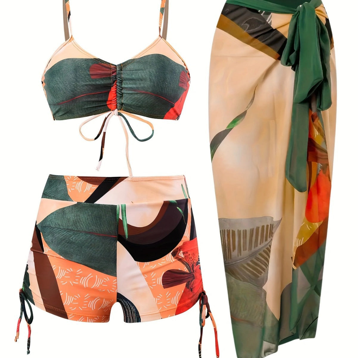 Vintage high waist split three-piece swimsuit women's bikini swimsuit chiffon beach skirt set