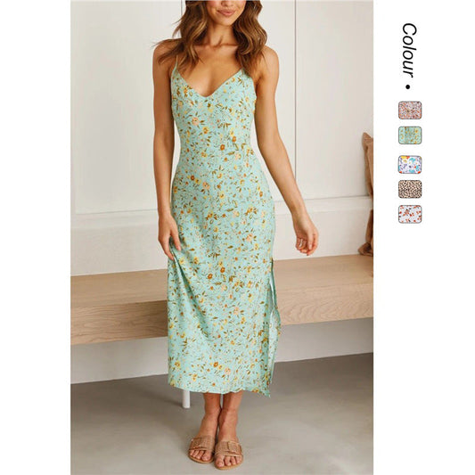 Floral Deep V Suspender Split Dress - Women's Spaghetti Strap Summer Dress -dropshippingabc.com