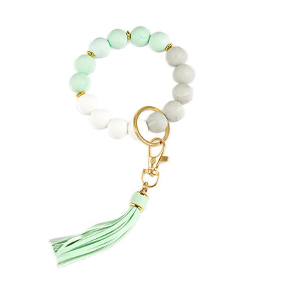 Llavero con borla de PU y cuentas de silicona para bolso, pulsera, llavero de coche, para mujeres y niñas 