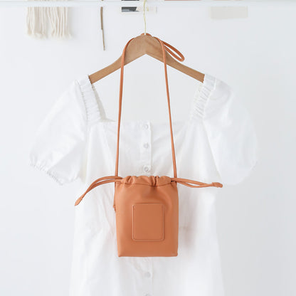 Soft PU Cute Mini Mobile Phone Bag - Fashionable Pleated Shoulder Women's Bag, Simple Drawstring Crossbody Small Square Bag