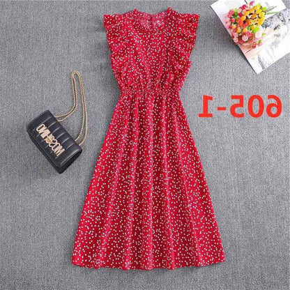 Polka Dot Chiffon Skirt Loose Versatile Temperament Medium Skirt Dot Print Butterfly Sleeve Ruffles dress