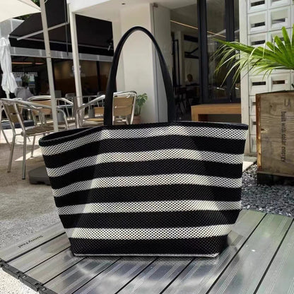 Bolso tote elegante a rayas blancas y negras – Bolso de hombro tejido de gran capacidad para mujer, perfecto para vacaciones y compras. 