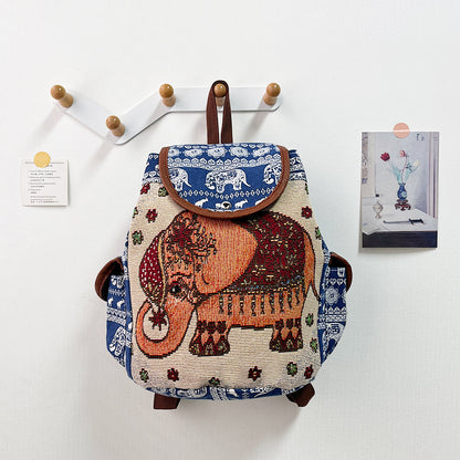 Retro Ethnic Drawstring Backpack – Elephant Embroidery Flap Closure, Bohemian Travel Daypack