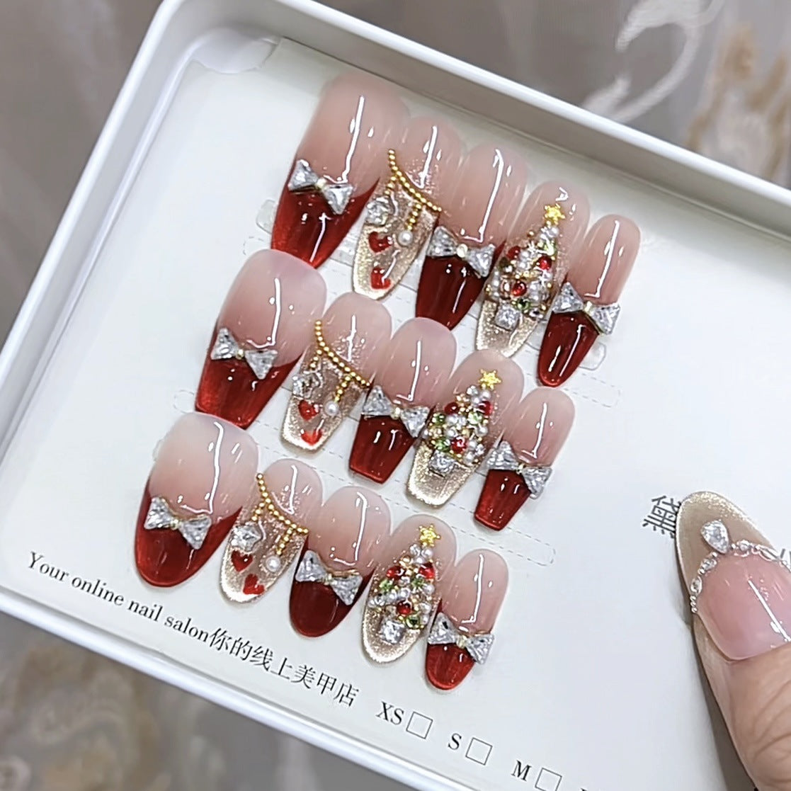 Parche para uñas con lazo de ojo de gato, diseño de circón y diamante, hecho a mano, para Navidad, rojo