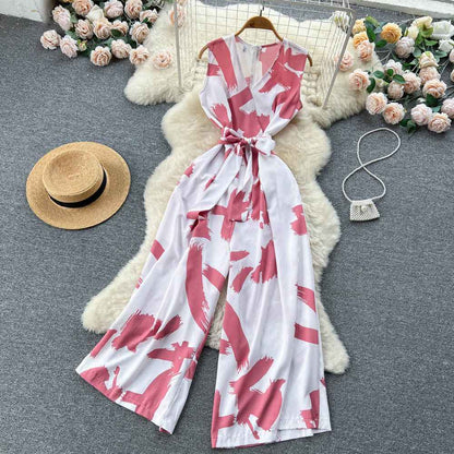 V-Neck High Waist Floral Print Wide Leg Jumpsuit - Loose Fit Women's Romper with Belt