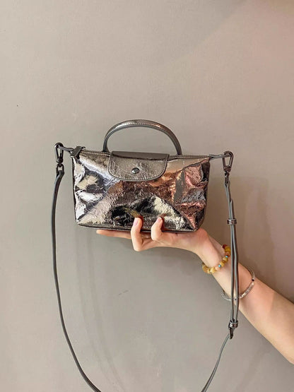 Spring and summer burst metallic mini tote bag, mini shoulder bag with crossbody strap, silver mini tote bag versatile women's bag