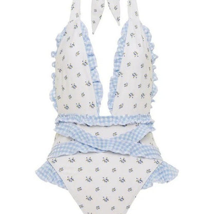 Women's Ruffled Lace Bow Floral Tie One-Piece Swimsuit Set