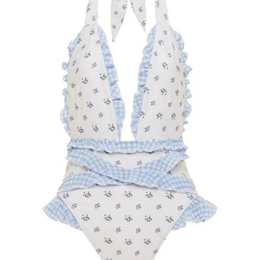 Women's Ruffled Lace Bow Floral Tie One-Piece Swimsuit Set