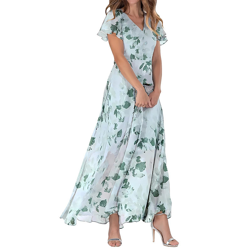 Summer Flared Maxi Dress V-Neck Short Sleeve Printed Chiffon Dress