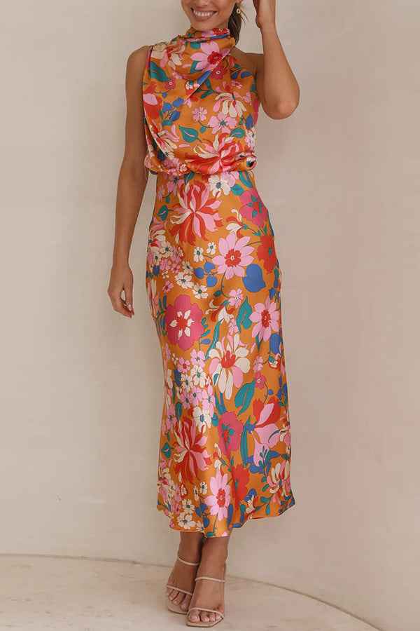 Sleeveless Strap Dress Slim Dress Satin Printing Temperament