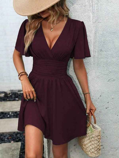 Deep v Waist Skinny Pleated Bubble Sleeve Dress Lantern Sleeve Bridesmaid