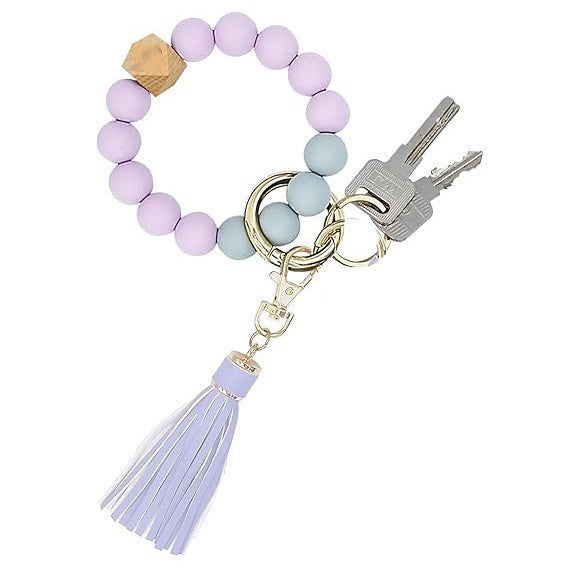 Llavero con borla de PU y cuentas de silicona para bolso, pulsera, llavero de coche, para mujeres y niñas 