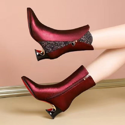Leather Coarse Heel Pointed Short Boots Women's Middle Heel Burgundy Splicing Soft Leather Women's Boots Large Size Women's Shoes