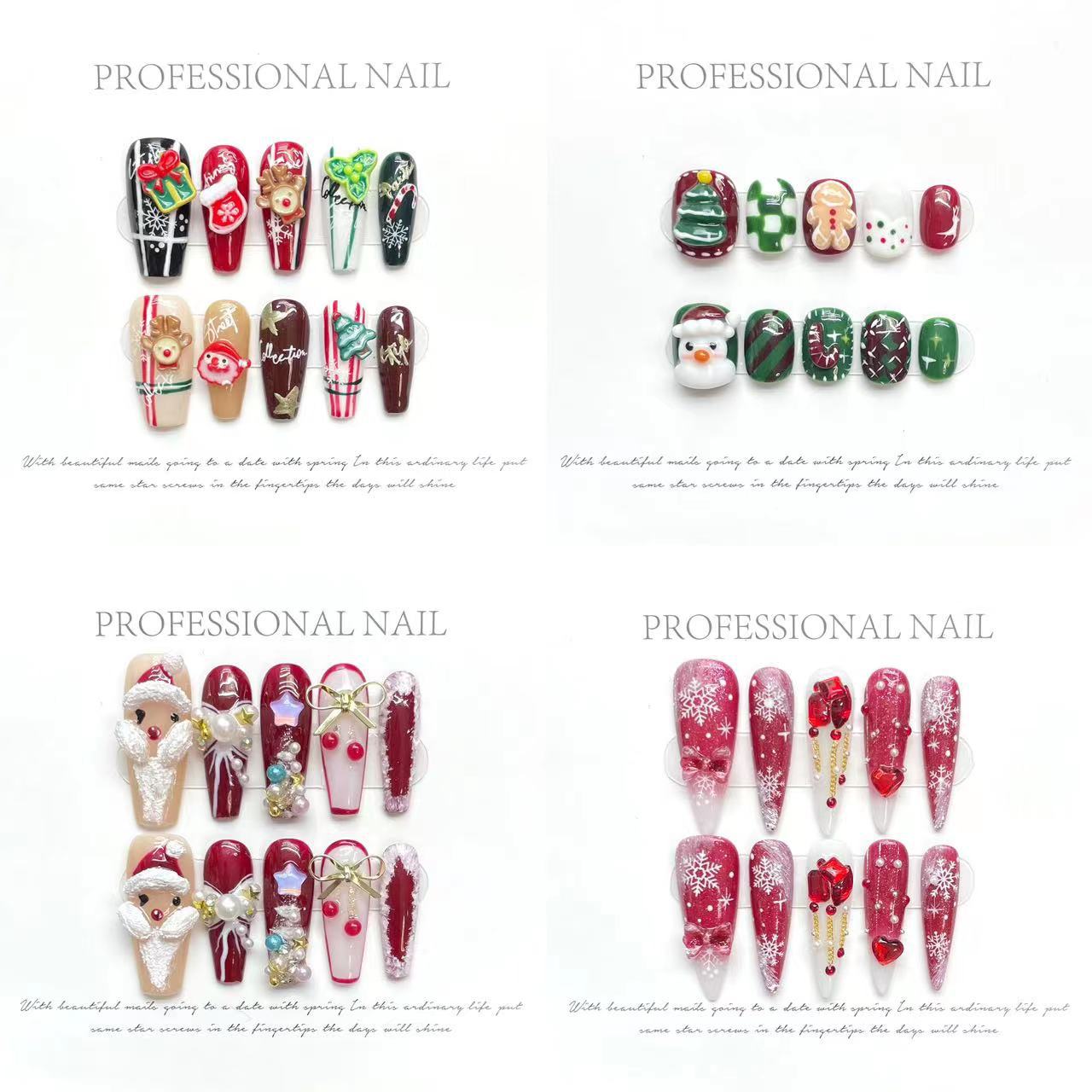 Colección navideña Feliz Navidad Industria pesada Arte de uñas hecho a mano Uñas postizas largas y cortas