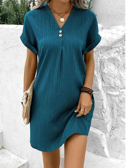 Solid Color Pullover Comfortable Casual Button Dress V-Neck Batwing Sleeve Dress