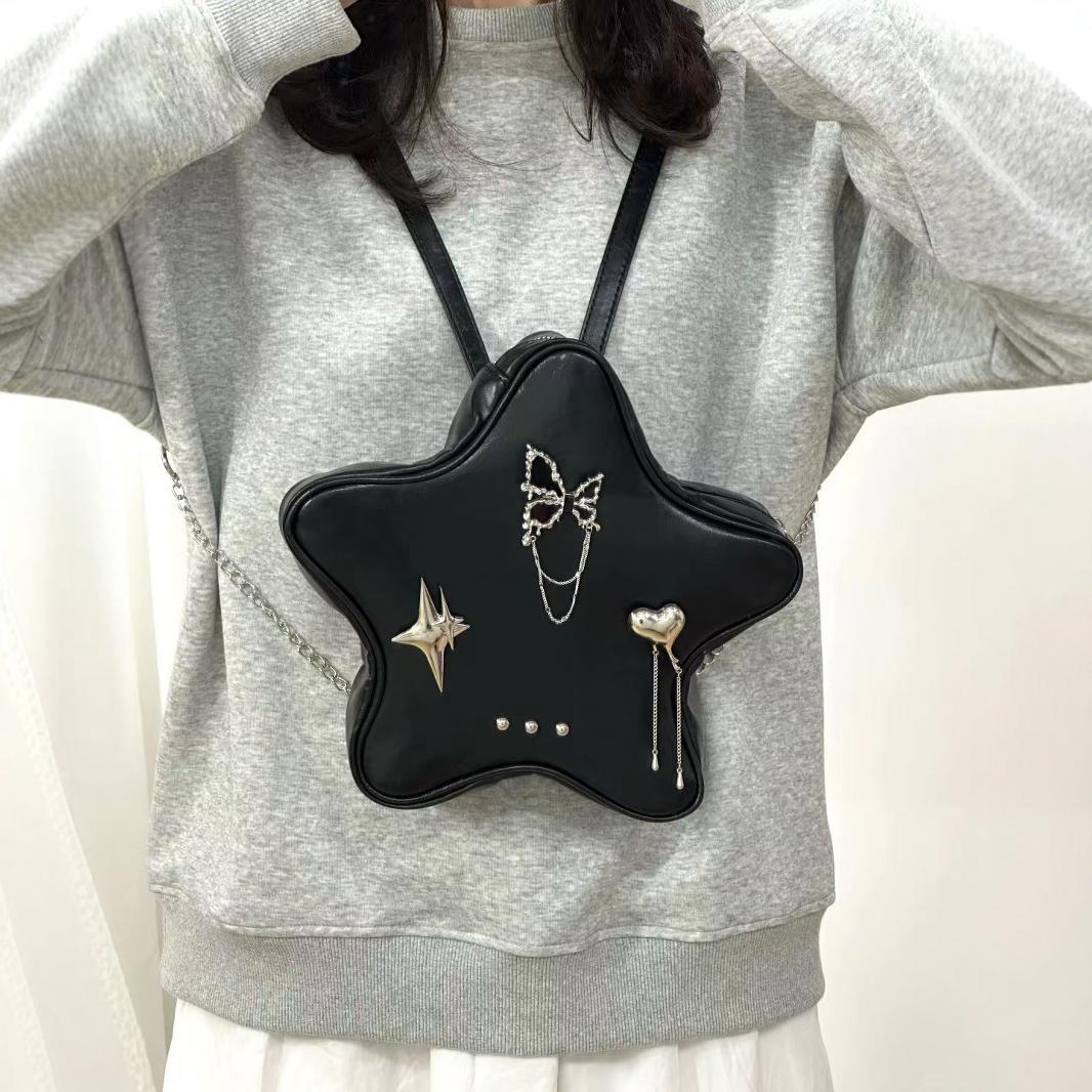 Mini bolso de hombro negro con forma de pentagrama, mochila bandolera con colgante, mochila de cadena versátil y moderna para mujer 