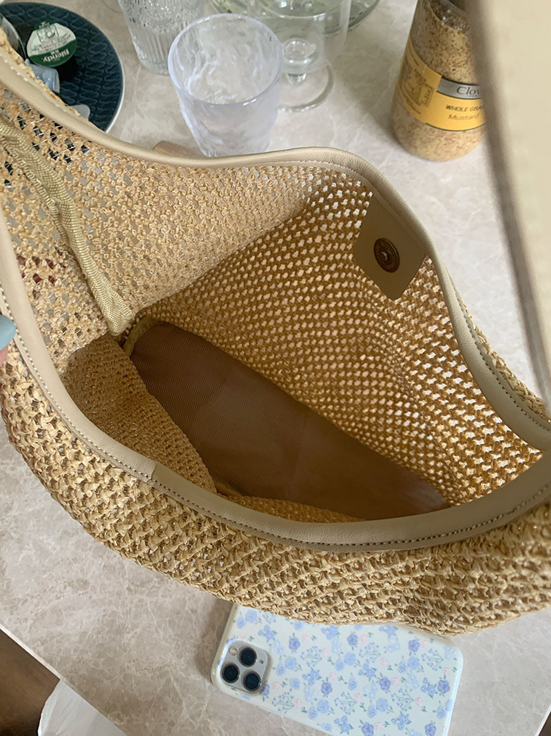 Bolso de paja, bolso hobo para ir al trabajo, bolso hobo tejido de verano para mujer, bolso de hombro de paja, bolso de playa de ganchillo ligero