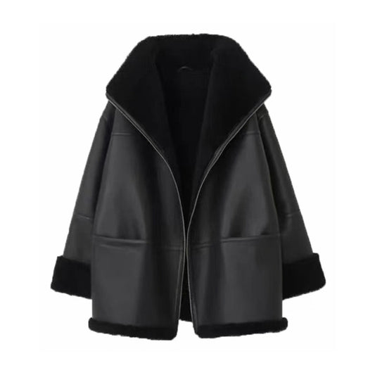 Black Biker Jacket with Shearling Collar Coat