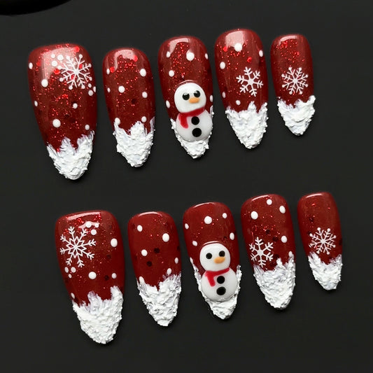 Manicura navideña, 10 piezas, parche para uñas, Papá Noel usa uñas postizas, parche para uñas, muñeco de nieve, hecho a mano.