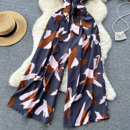 V-Neck High Waist Floral Print Wide Leg Jumpsuit - Loose Fit Women's Romper with Belt