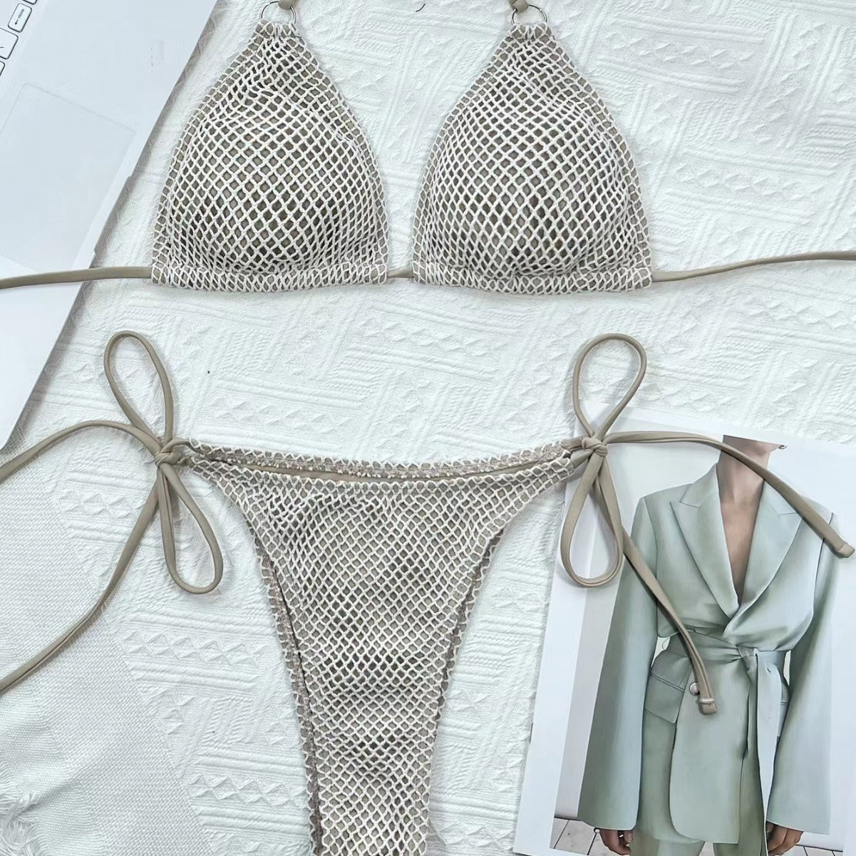 Mesh Fabric Halter Bikini Set - Solid Color Hollow Out Split Swimsuit for Beach & Resort -dropshippingabc.com
