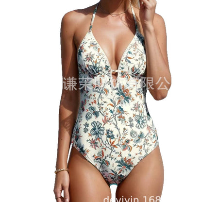 One-piece Multicolor Print Hot Selling One-piece Swimsuit Triangle Bikini Multiple Straps Swimwear Halter Neck