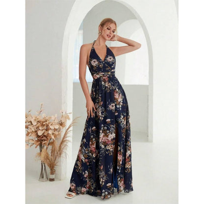 Vestido de gasa con cuello halter y espalda abierta