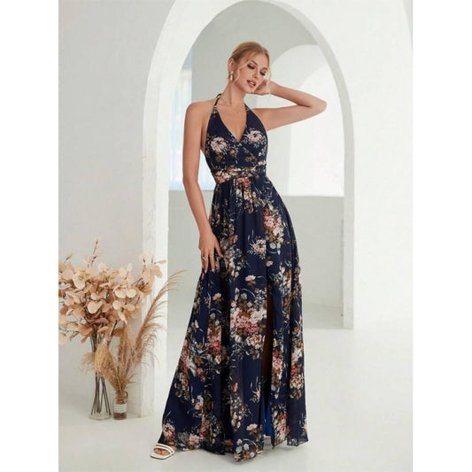 Vestido de gasa con cuello halter y espalda abierta