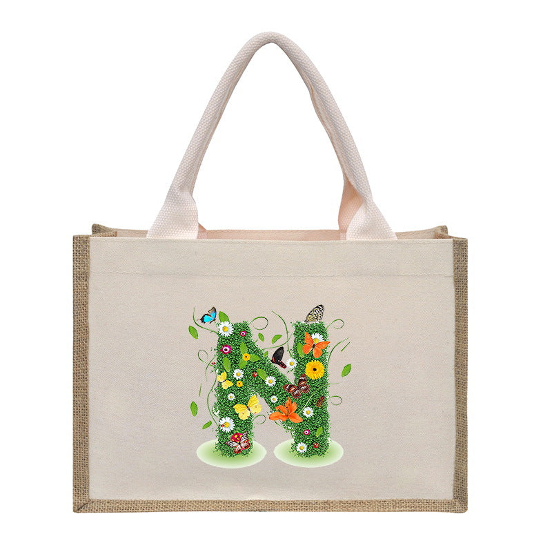 Bolsa de tela de algodón y lino, bolsa de tela con letras estampadas, bolso ligero portátil, bolsa de regalo para compras 