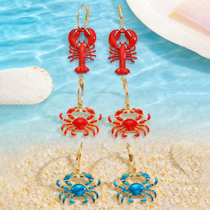 Beach Ocean Vacation Style Exaggerated Alloy Lobster Crab Pendant Earrings