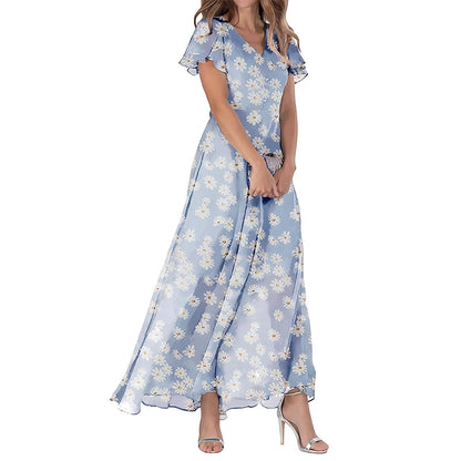 Summer Flared Maxi Dress V-Neck Short Sleeve Printed Chiffon Dress