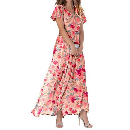 Summer Flared Maxi Dress V-Neck Short Sleeve Printed Chiffon Dress