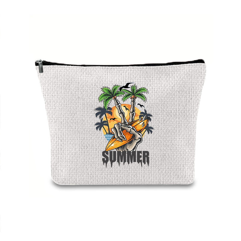 Linen printed cosmetic bag, cosmetic lipstick storage bag, small simple zipper evening clutch bag,