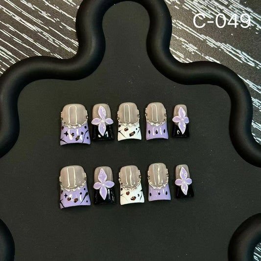 Short Duckbill 3D Carved Painted Floral HandmadePress on Nails Short