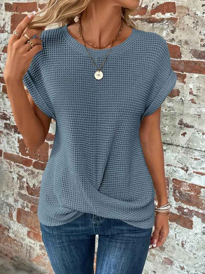 Batwing Sleeve Twist Hem Waffle Knit Tee