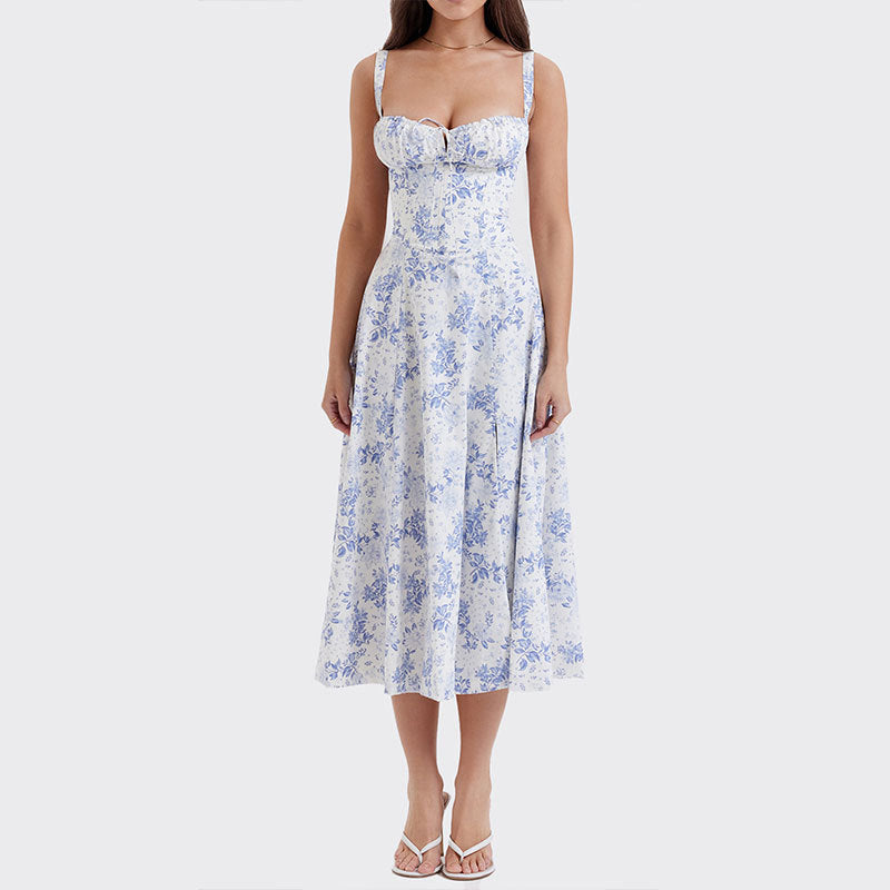 Floral Square Neck Sexy Split Swing Spring Dress Off Shoulder Flower Print Sexy Dress -dropshippingabc.com