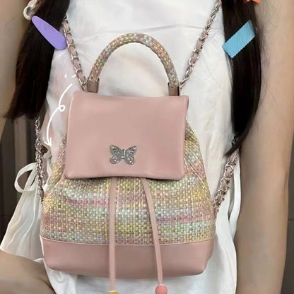 Mochila pequeña de piel trenzada con diseño dulce y juvenil, mochila con cadena, mochila pequeña versátil y moderna para mujer 