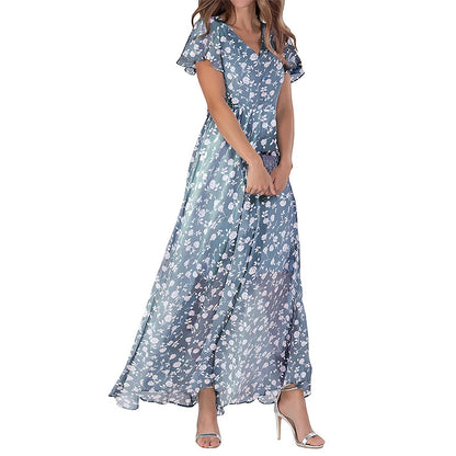 Summer Flared Maxi Dress V-Neck Short Sleeve Printed Chiffon Dress
