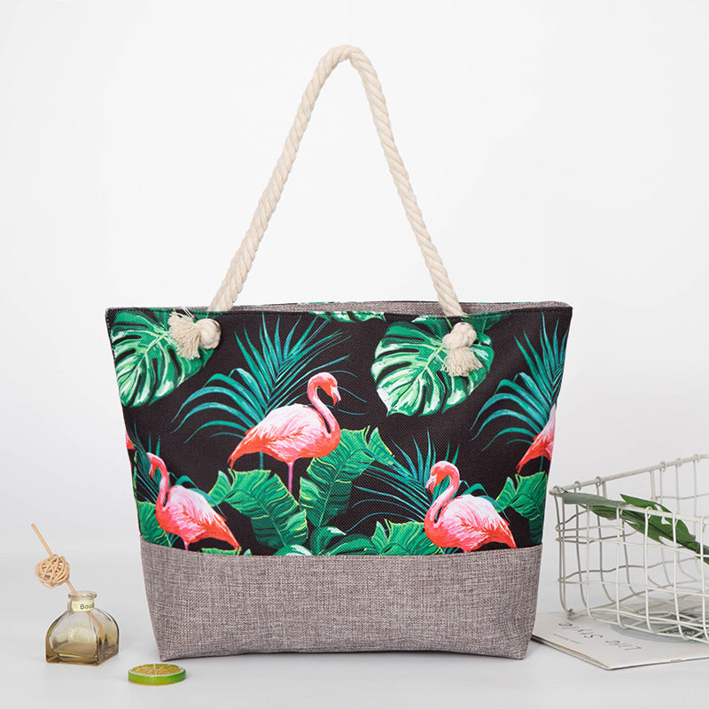 Bolsa de compras de gran capacidad, de cuerda de cáñamo, con estampado de tinta de lino, bolso de playa, bolso de hombro con diseño de grulla de corona roja, bolso de playa para mujer, estilo hobo