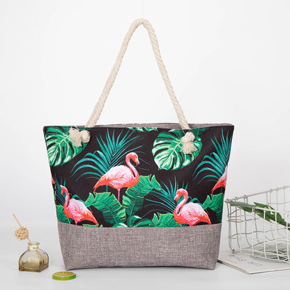 Bolsa de compras de gran capacidad, de cuerda de cáñamo, con estampado de tinta de lino, bolso de playa, bolso de hombro con diseño de grulla de corona roja, bolso de playa para mujer, estilo hobo