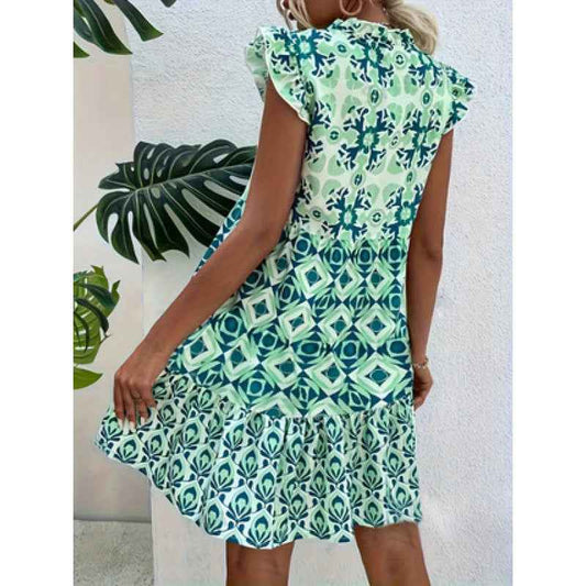 V-Neck Strap Flower Dress Cap Sleeve Printed Vacation Dress