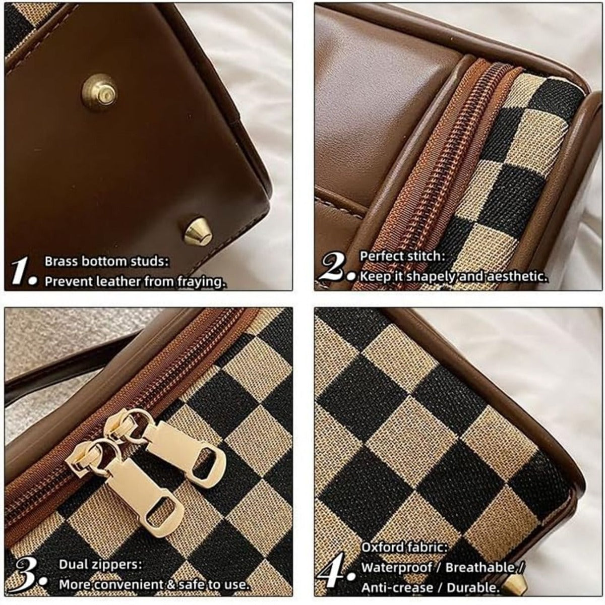 Neceser grande y portátil a cuadros, neceser de gran capacidad, bolsa de cosméticos con cremallera, bolsa de maquillaje con compartimentos. 