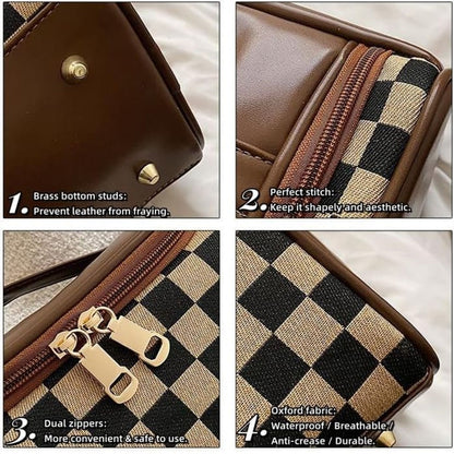 Neceser grande y portátil a cuadros, neceser de gran capacidad, bolsa de cosméticos con cremallera, bolsa de maquillaje con compartimentos. 