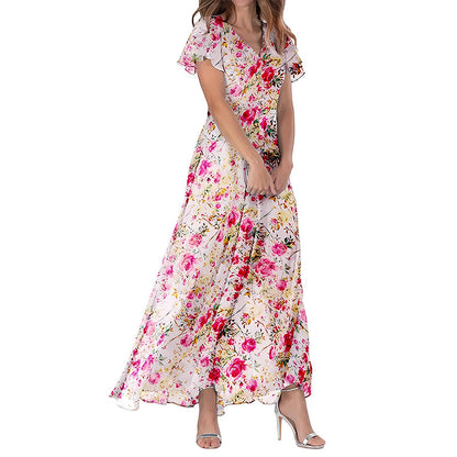 Summer Flared Maxi Dress V-Neck Short Sleeve Printed Chiffon Dress